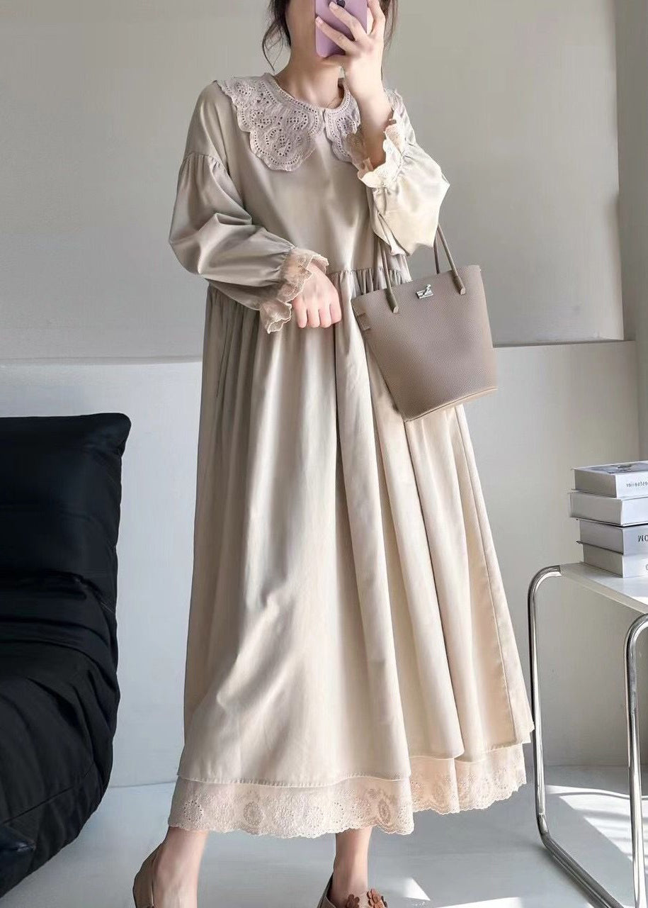 Beige Wrinkled Lace Patchwork Cotton Dress Spring