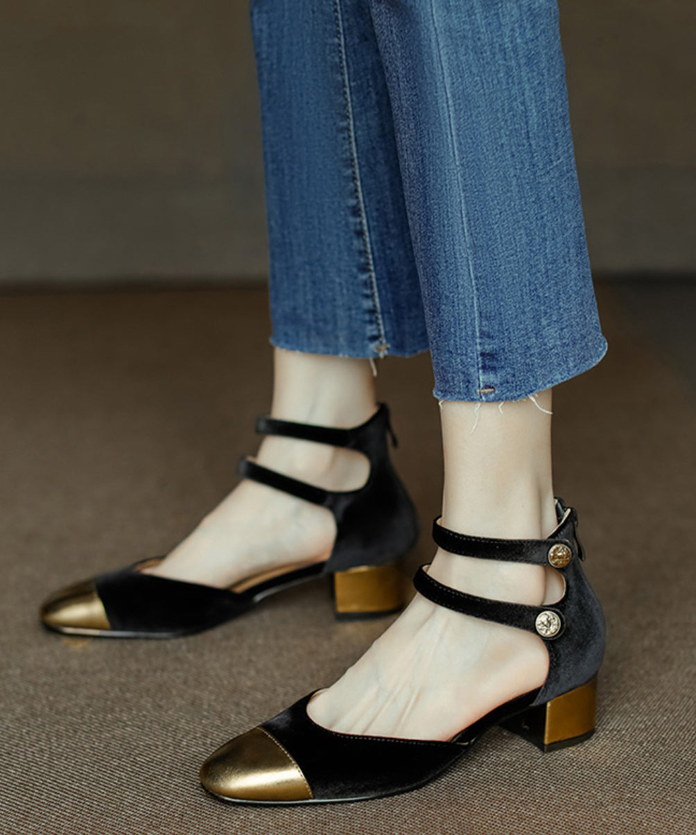 Champagne Velour Splicing Cowhide Leather Chunky Sandals