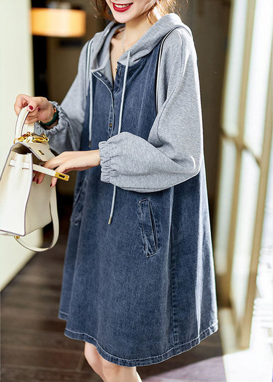 Boutique Blue Hooded Pockets Button Patchwork Fall Long Sleeve Denim Mid Dress