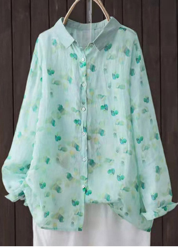 Light Green Peter Pan Collar Print Shirt Tops Long Sleeve