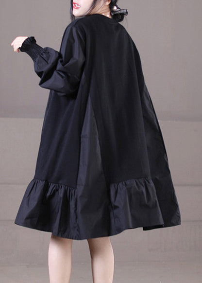 Vogue Black O-neck Ruffles Patchwork Mid Dresses Long Sleeve