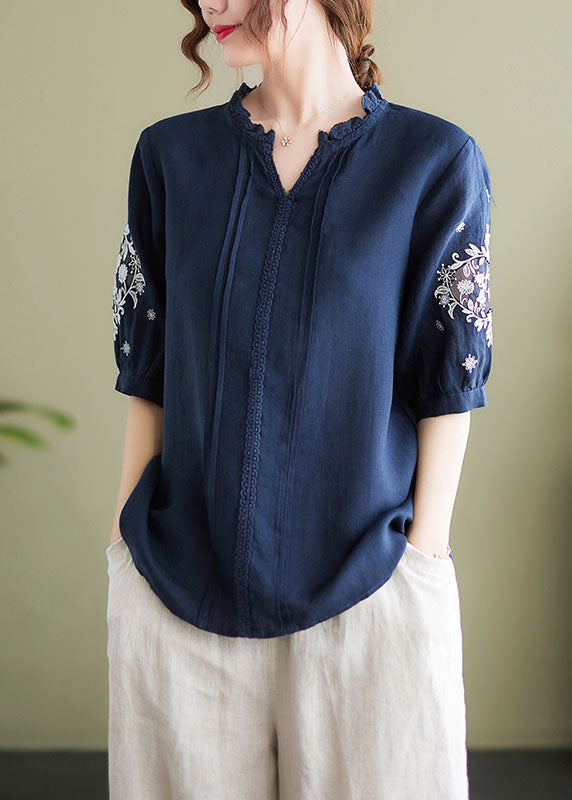 Navy Embroideried Patchwork Wrinkled Linen Shirts Summer