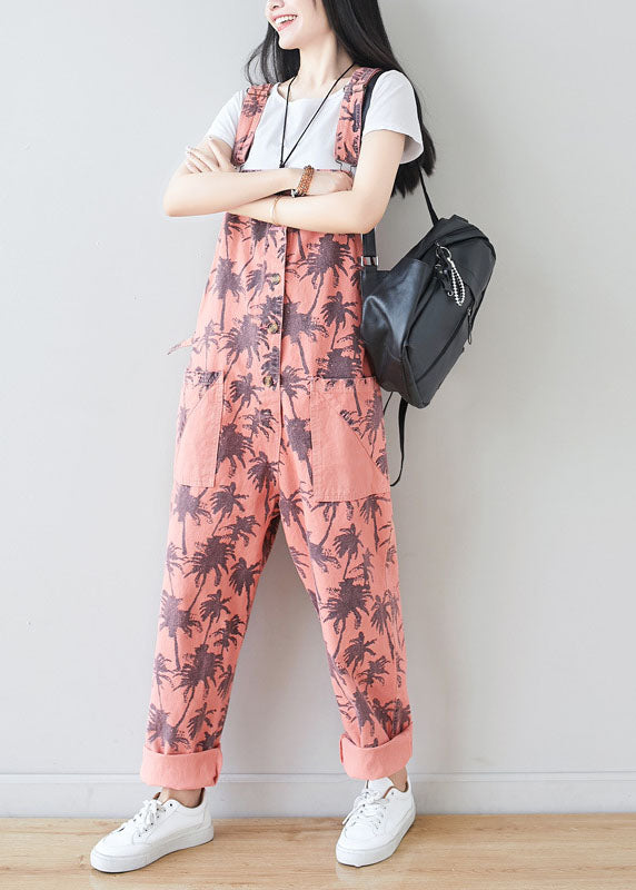 Pink Pockets Print Jumpsuits Spring