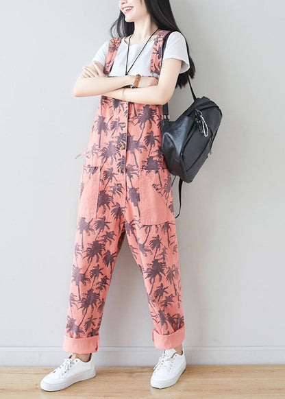 Pink Pockets Print Jumpsuits Spring