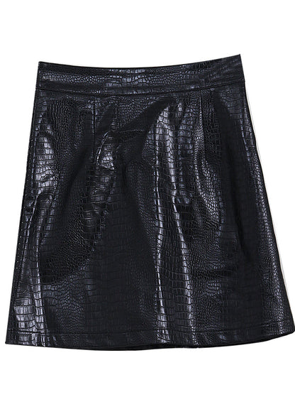 Black Zip Up Wrinkled Faux Leather Skirts Spring