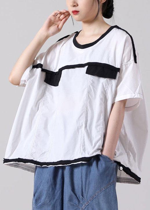 French White Cotton Shirt Tops Summer Short Sleeve