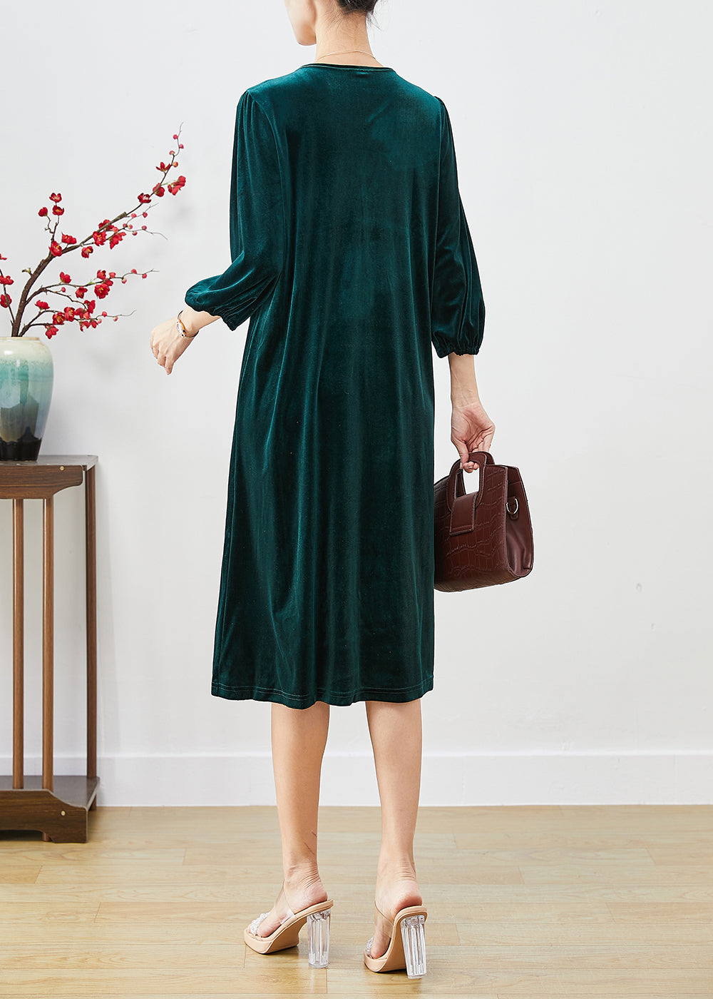 Peacock Green Oversized Patchwork Silk Velour Holiday Dress Lantern Sleeve