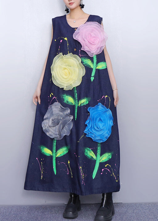 Fitted Navy Painting Multicolored Denim a Line Dress Sleeveless