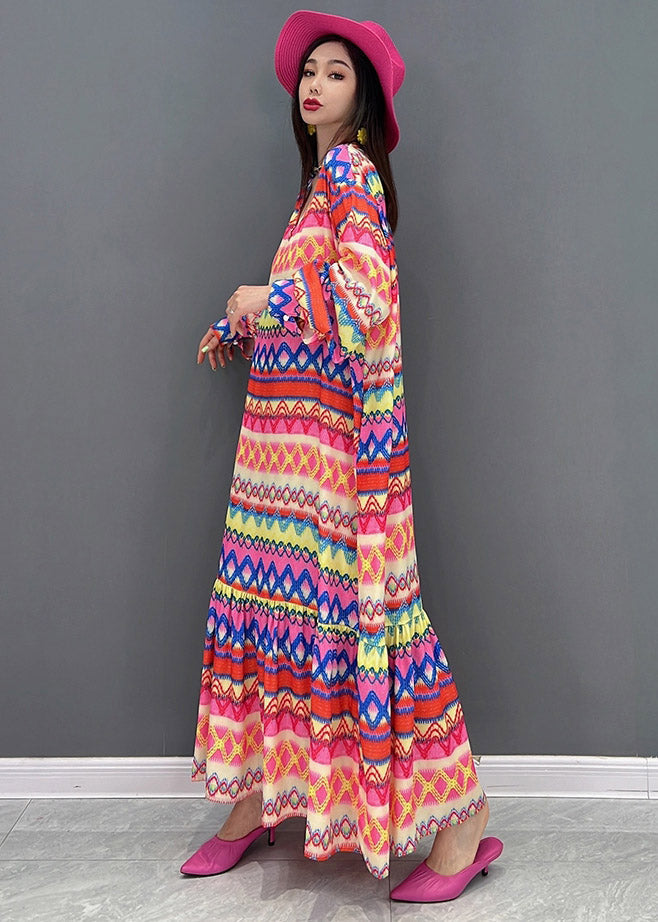 V Neck Print Silk Maxi Dress Long Sleeve