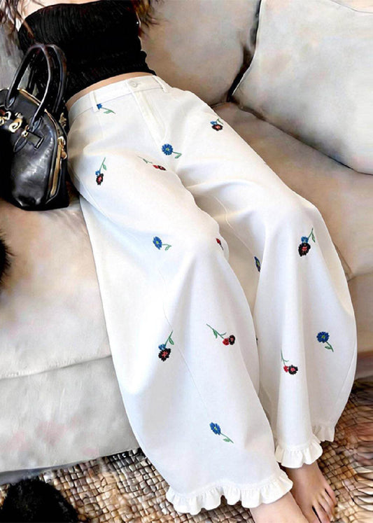 Handmade White Ruffled Patchwork Wide Leg Pants