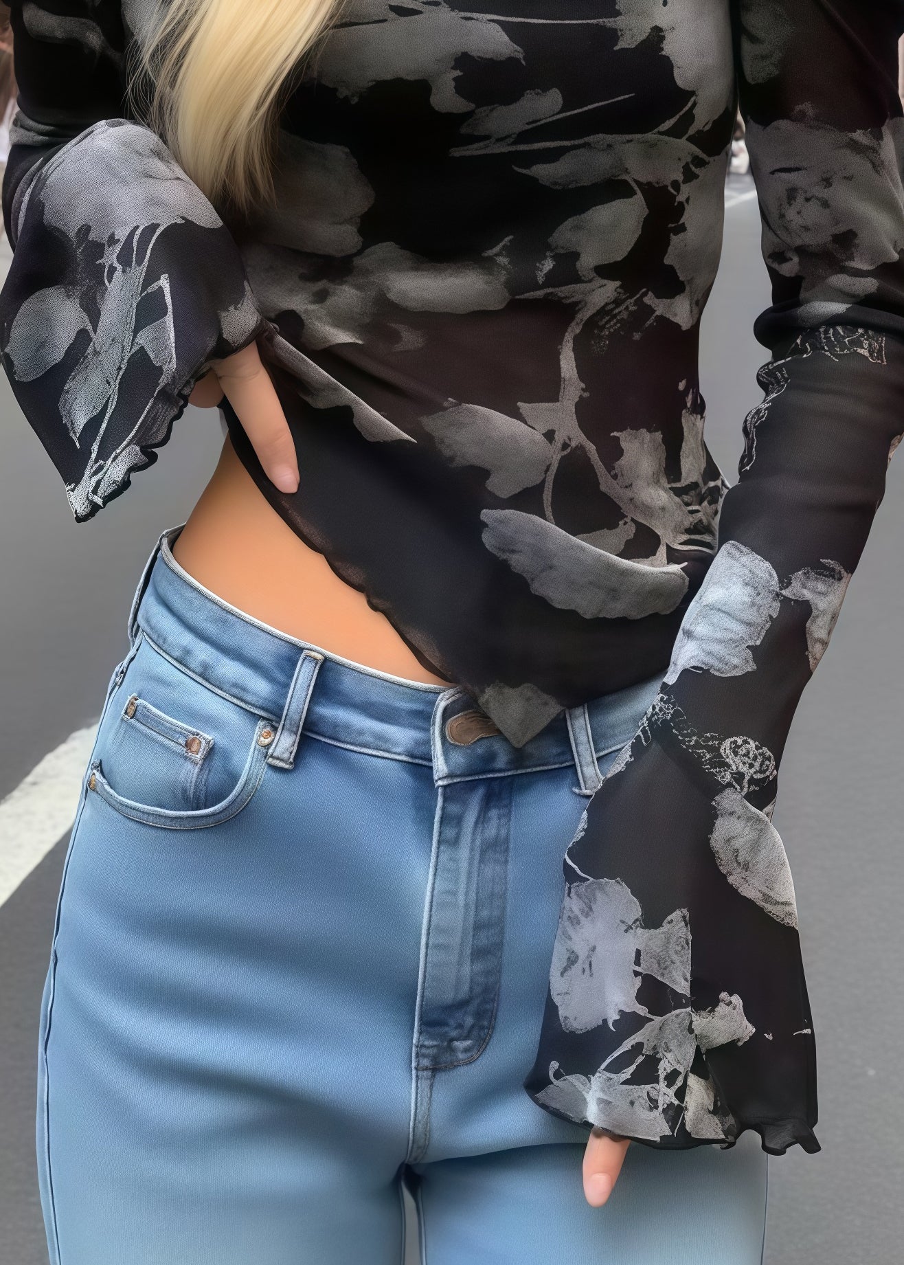 Black Print Flower Decorated Cold Shoulder Tops Summer
