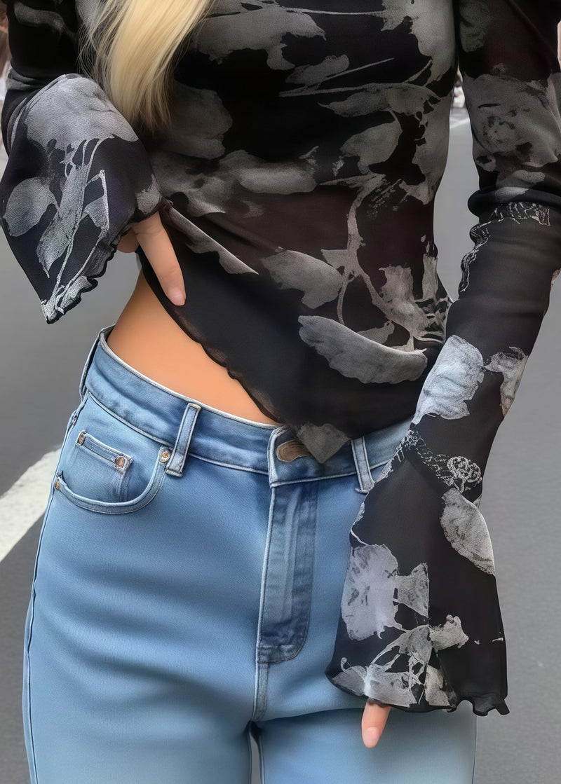 Black Print Flower Decorated Cold Shoulder Tops Summer
