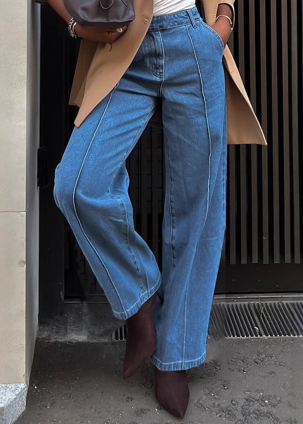 Blue Pockets High Waist Versatile Denim Pants Spring
