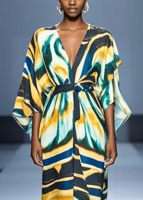 V Neck Graffiti Print Chiffon Dress Batwing Sleeve
