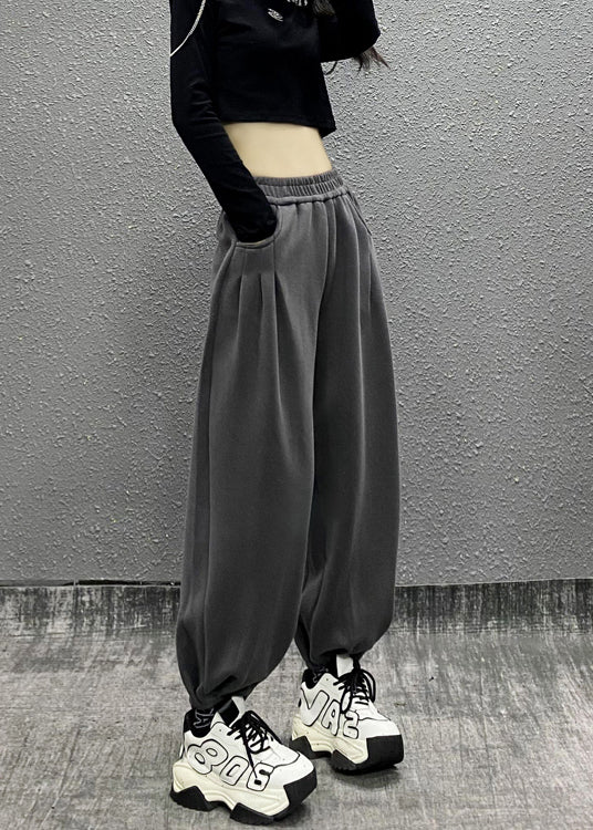 Grey Pockets Elastic Waist Cotton Beam Pants Fall