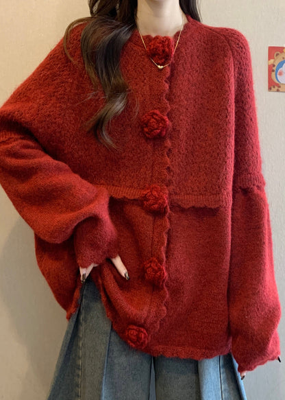 Red Oversized Three-dimensional Knitted Tops Fall