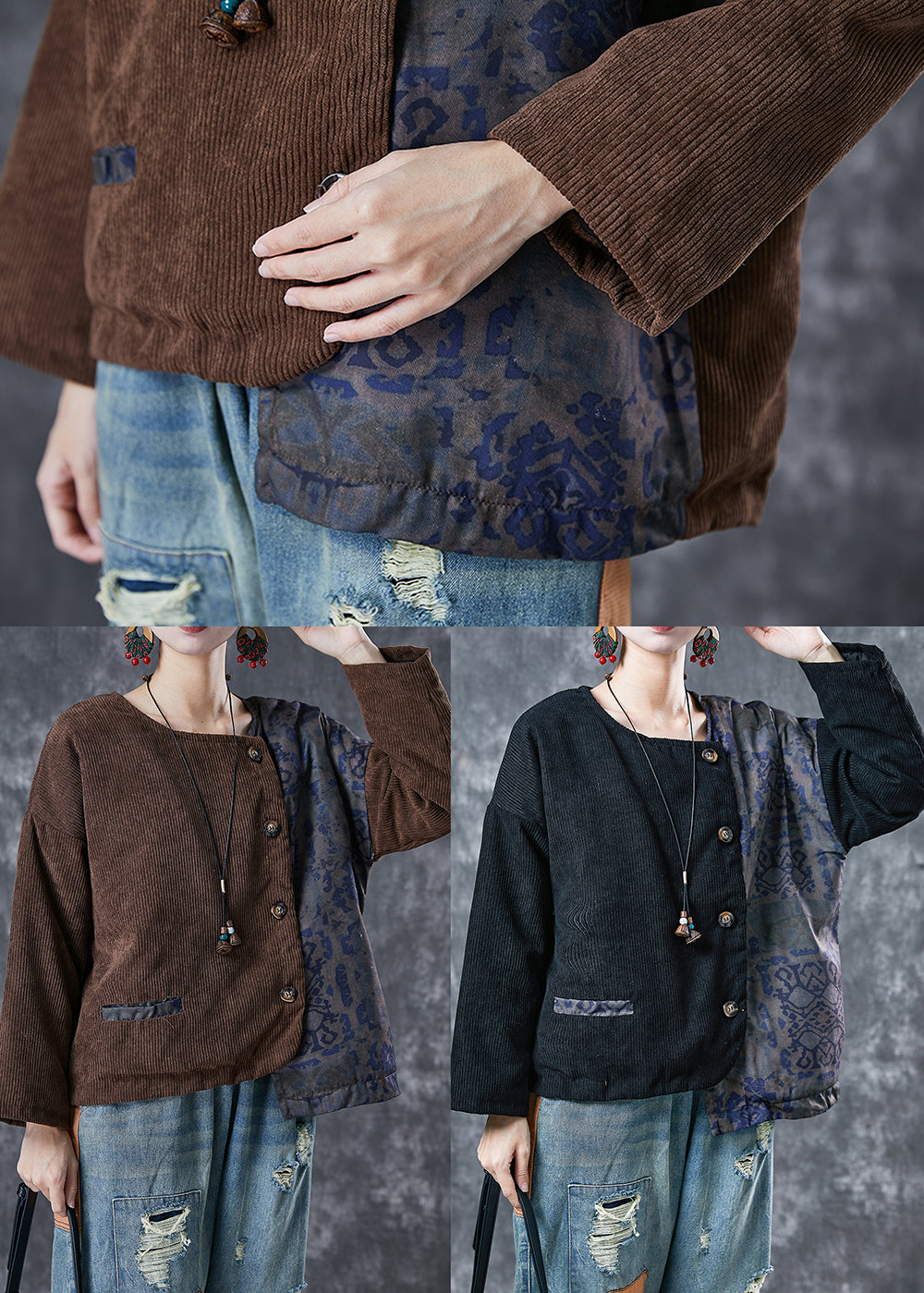 Black Asymmetrical Patchwork Fine Cotton Filled Coats Winter