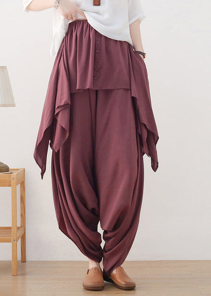 Red Asymmetrical Button Cotton Wide Leg Pants Skirt Fall