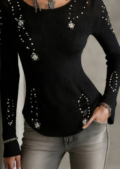 Style Black Ripped Nail Bead Knit Blouse Tops Spring