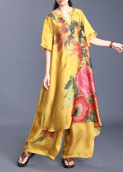 Yellow Print Silk Two Piece Set Asymmetrical Design Short Sleeve
