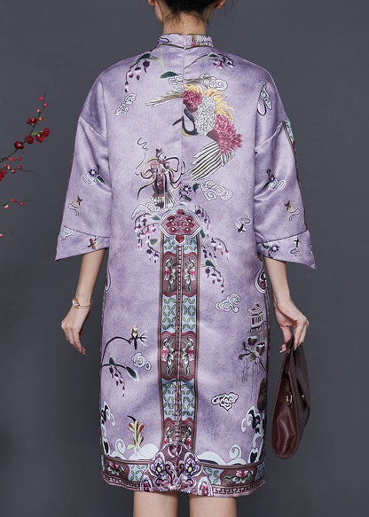 Purple Tasseled Print Silk Cheongsam Dresses Summer