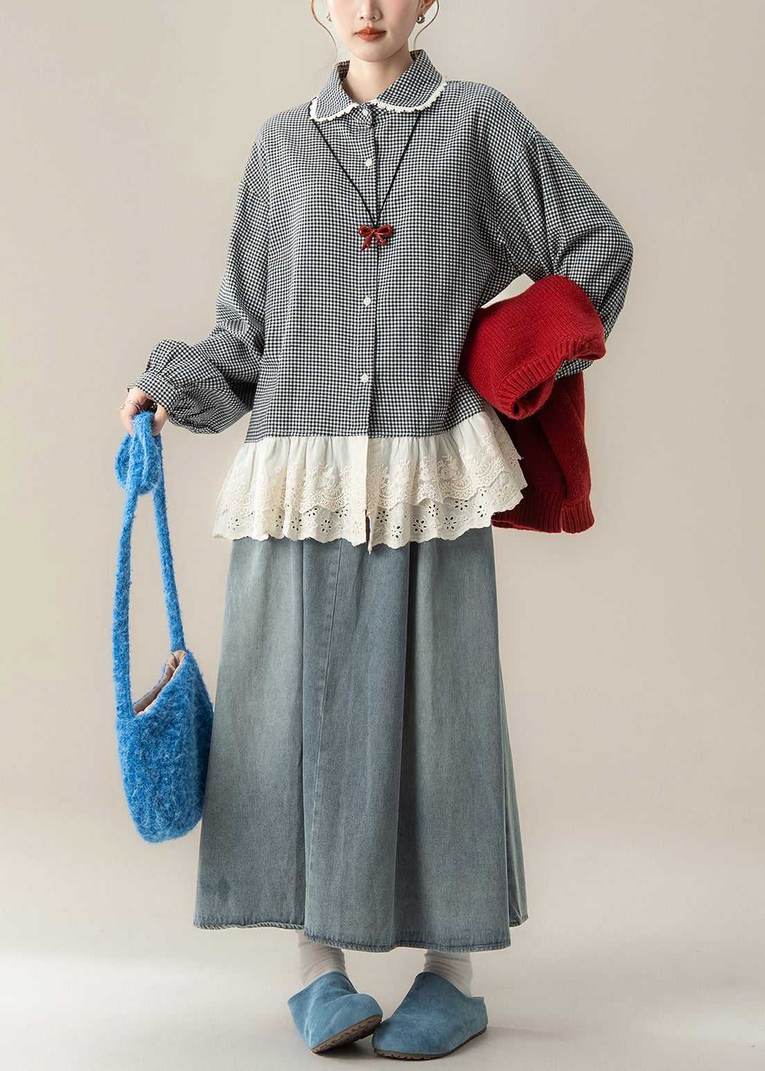 New Red Button Knit Vest and Blue Denim Skirts Patchwork Plaid Shirts Three Piece Set Fall