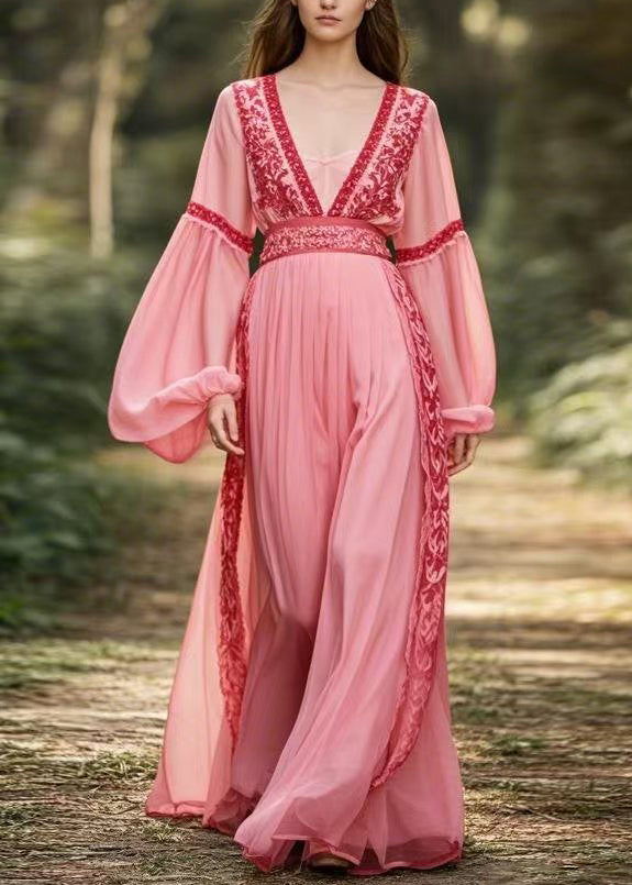 New Pink V Neck Patchwork Chiffon Long Dresses Lantern Sleeve Spring
