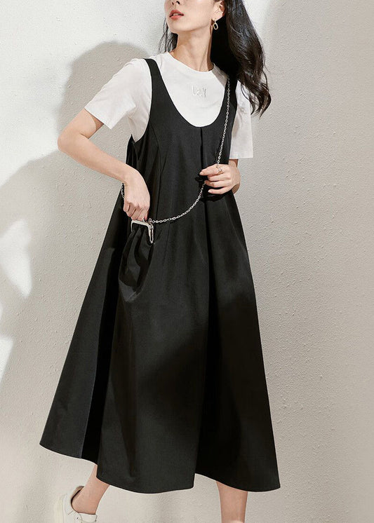 Black U Neck Patchwork Long Dress Summer