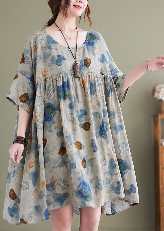 Boutique Lake Blue O-neck Wrinkled Print Linen Maxi Dresses Short Sleeve
