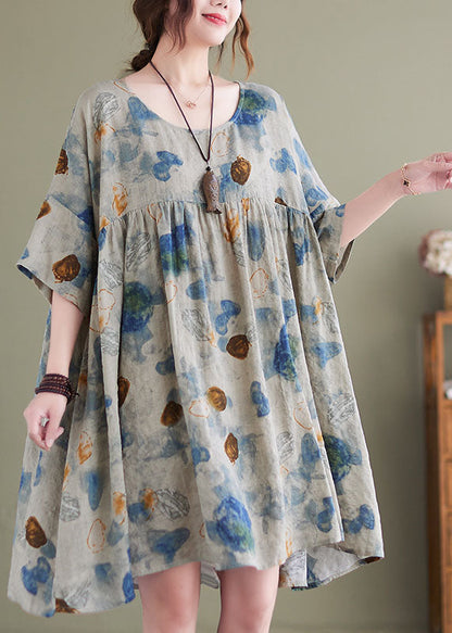 Boutique Lake Blue O-neck Wrinkled Print Linen Maxi Dresses Short Sleeve