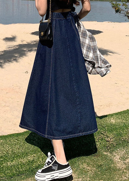 Classy Denim Light Blue High Waist Patchwork Button Cotton a Line Skirts Summer