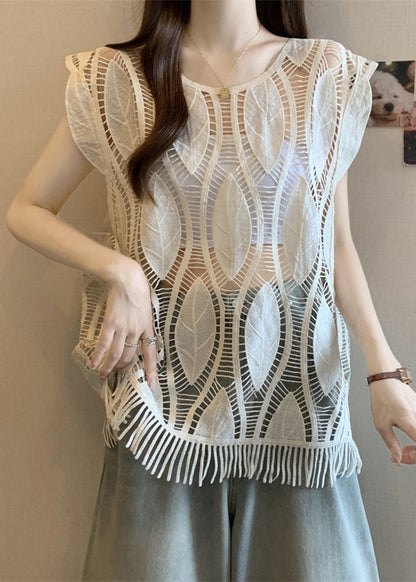 Art Apricot O-neck Tasseled Hollow Out Cotton Tank Summer
