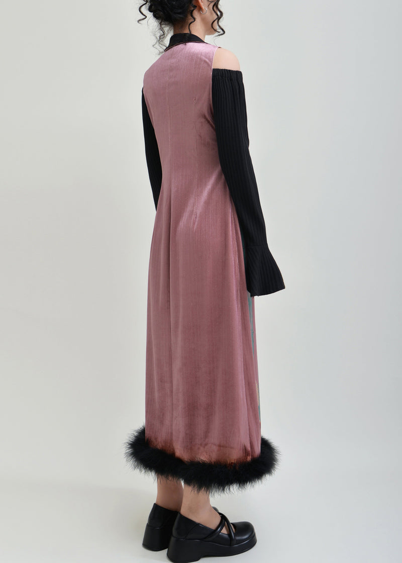 Pink Print False Two Pieces Patchwork Silk Velvet Dress Spring