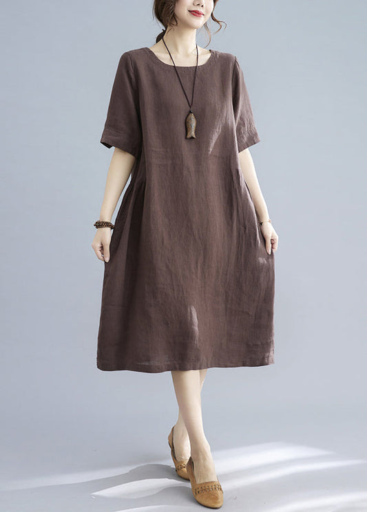 Chocolate Original Design Pocket Linen Holiday Dress Short Sleeve