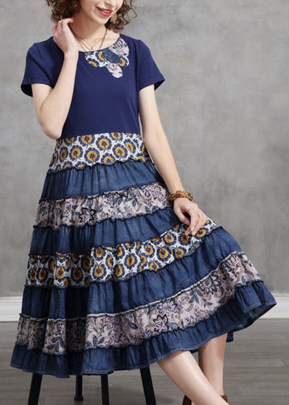 Blue O-neck Cinched Patchwork Cotton Pleated Dresses Short Sleeve