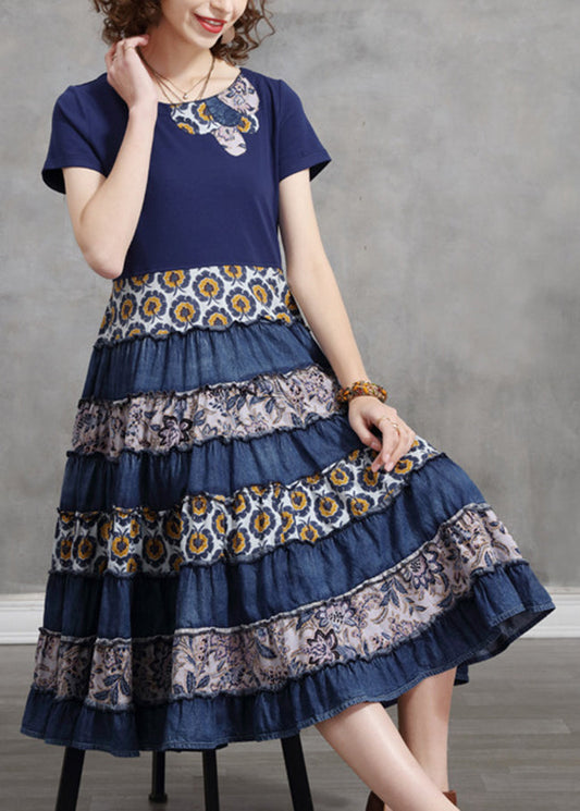 Blue O-neck Cinched Patchwork Cotton Pleated Dresses Short Sleeve