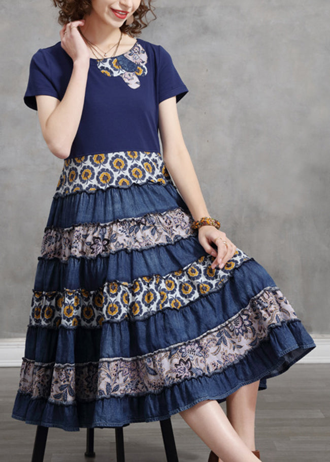 Blue O-neck Cinched Patchwork Cotton Pleated Dresses Short Sleeve
