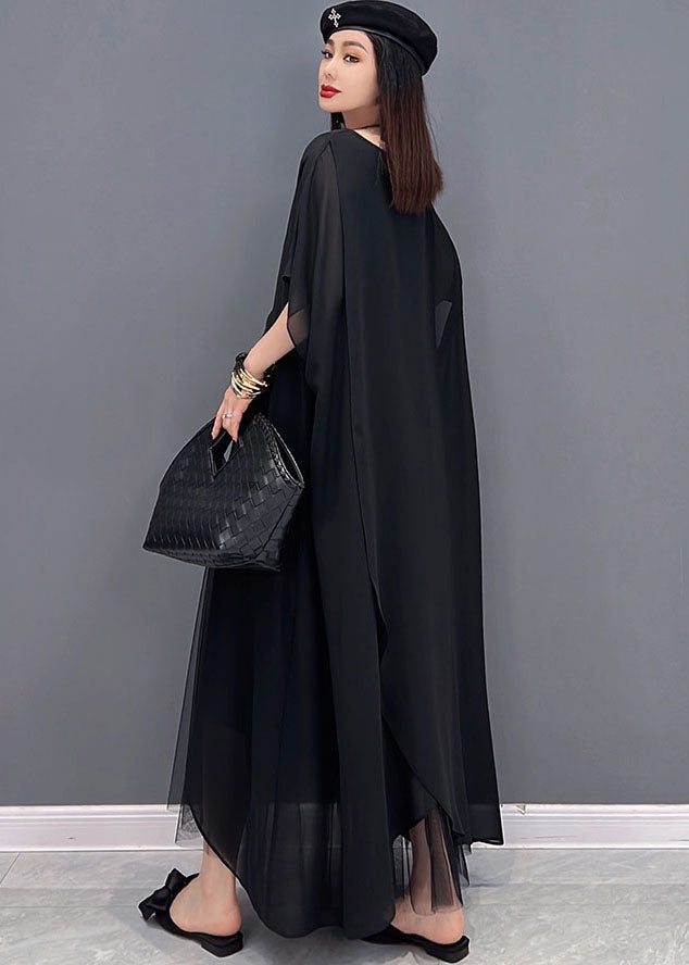 Black Patchwork Tulle Chiffon Two-piece Set Asymmetrical Summer