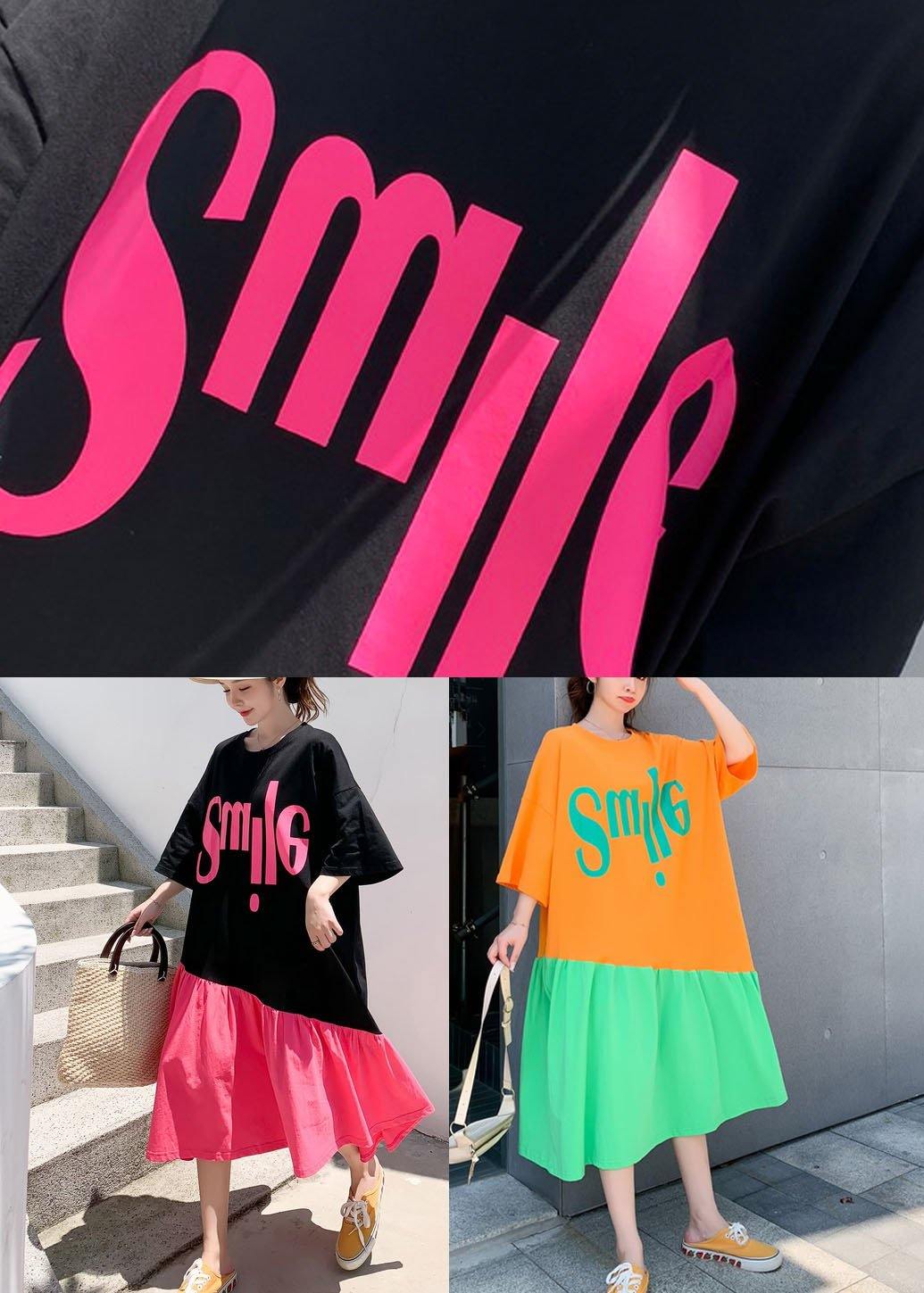 Orange Patchwork Green Loose Graphic Summer Half Sleeve Long Dress