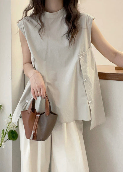 Apricot Stand Collar Asymmetrical T Shirt Short Sleeve