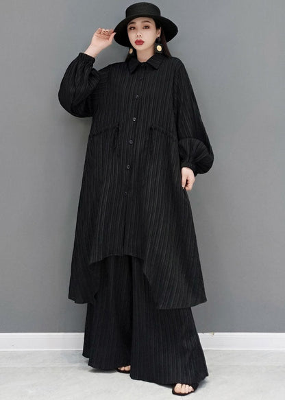 Style Black Drawstring Asymmetrical Cotton Long Shirt and Wide Leg Pants Two Pieces Set Spring