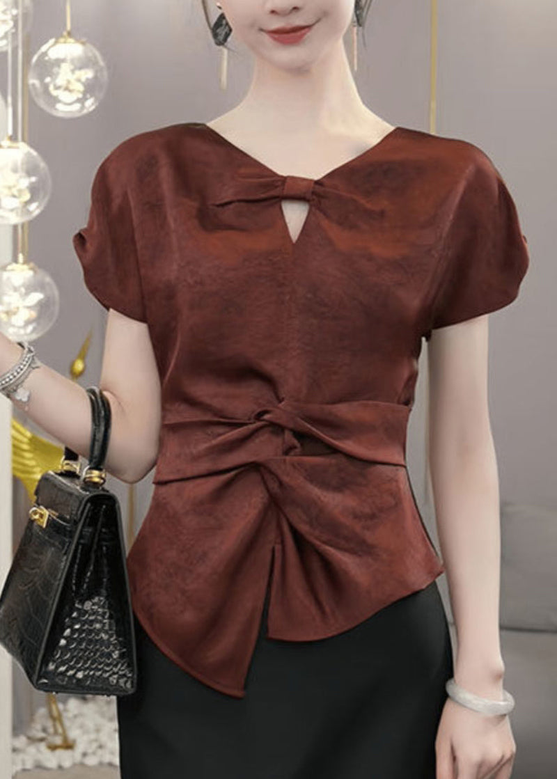 Red V Neck Cinched Shirts Summer