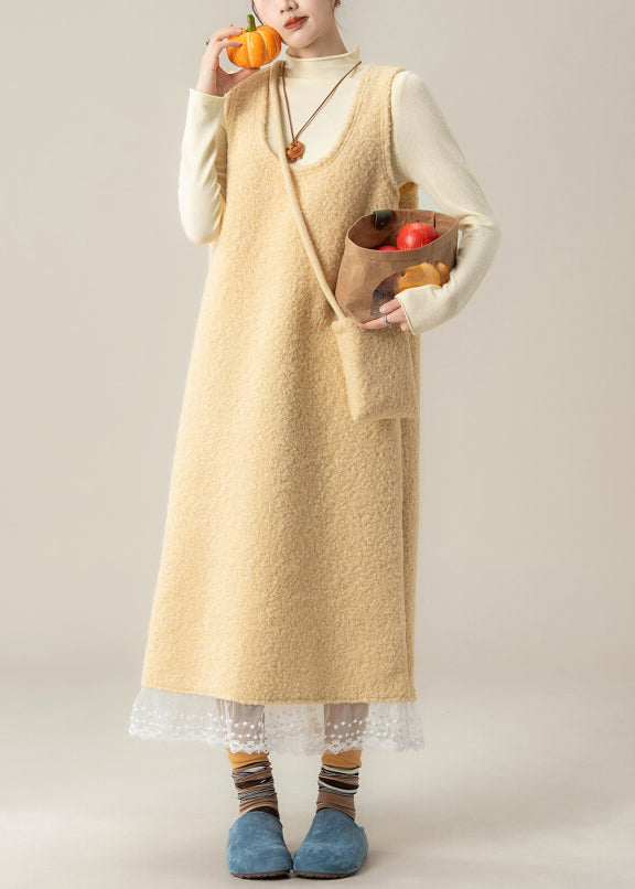 Slim Fit Yellow U Neck Back Side Open Lace Patchwork Woolen Two Pieces Set Spring