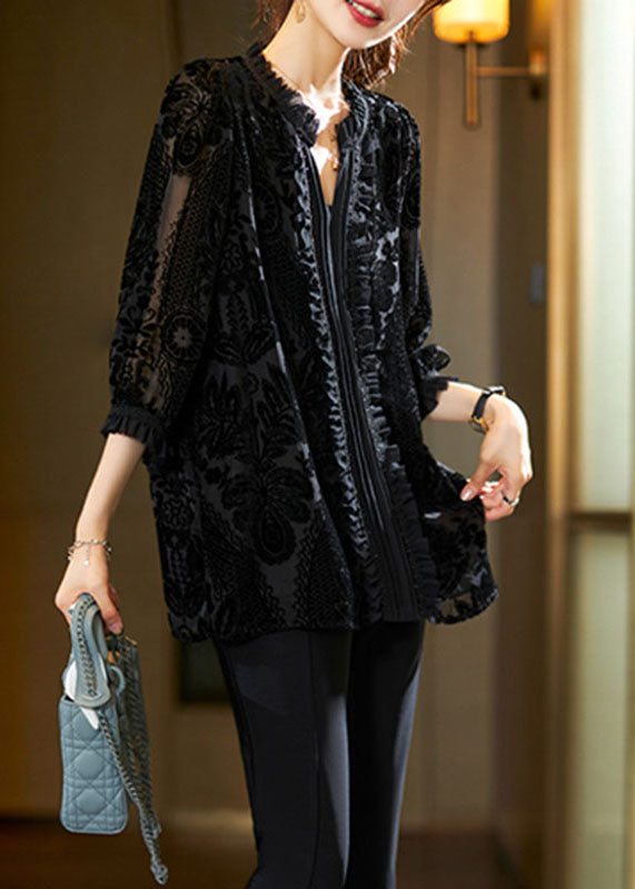 French Black V Neck Velour Tops Long Sleeve