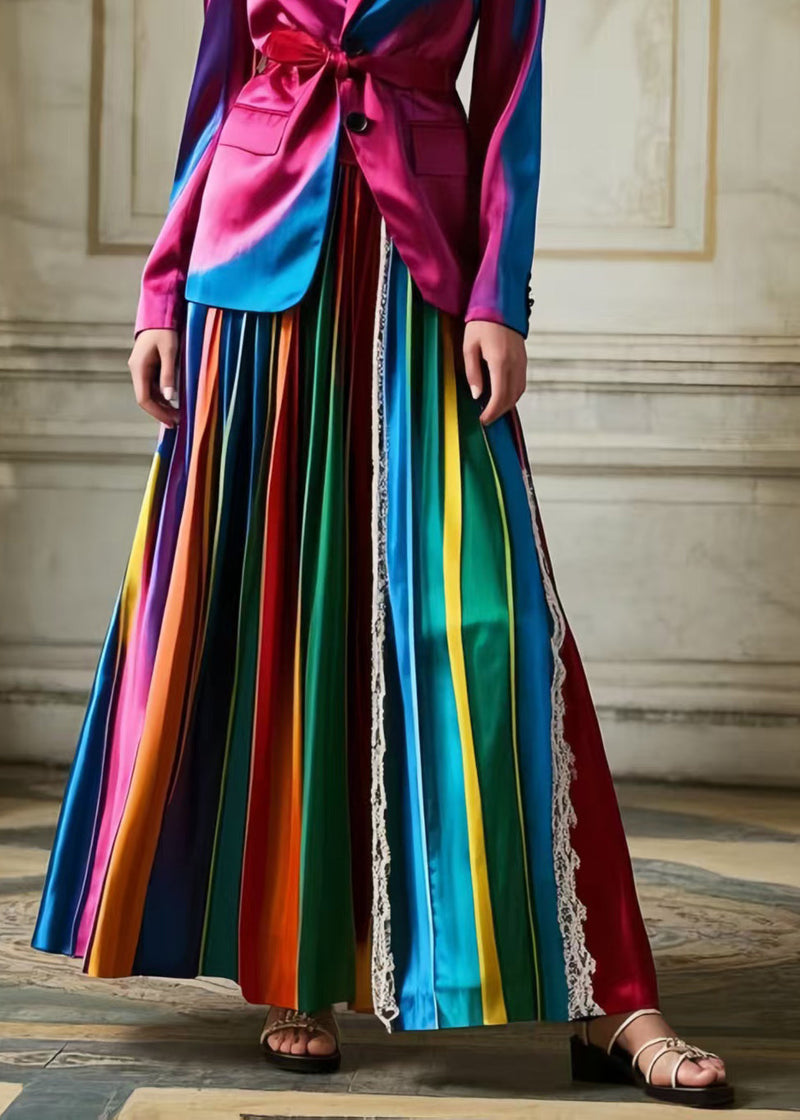 Polychrome Striped Patchwork Lace Silk Pleated Skirt Spring