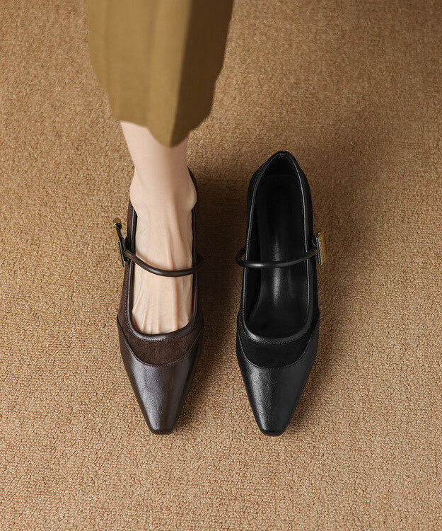 Brown Buckle Strap Splicing Faux Leather Pointed Toe Shoes