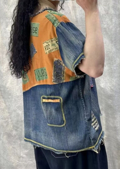Orange Print Hole Patchwork T Shirt Denim Summer