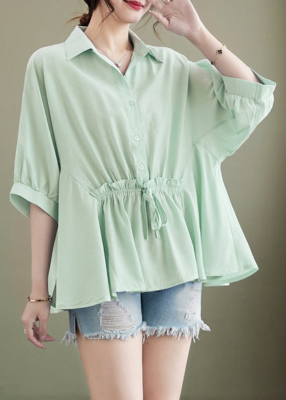 Light Green Loose Cotton Tops Ruffled Tie Waist Batwing Sleeve
