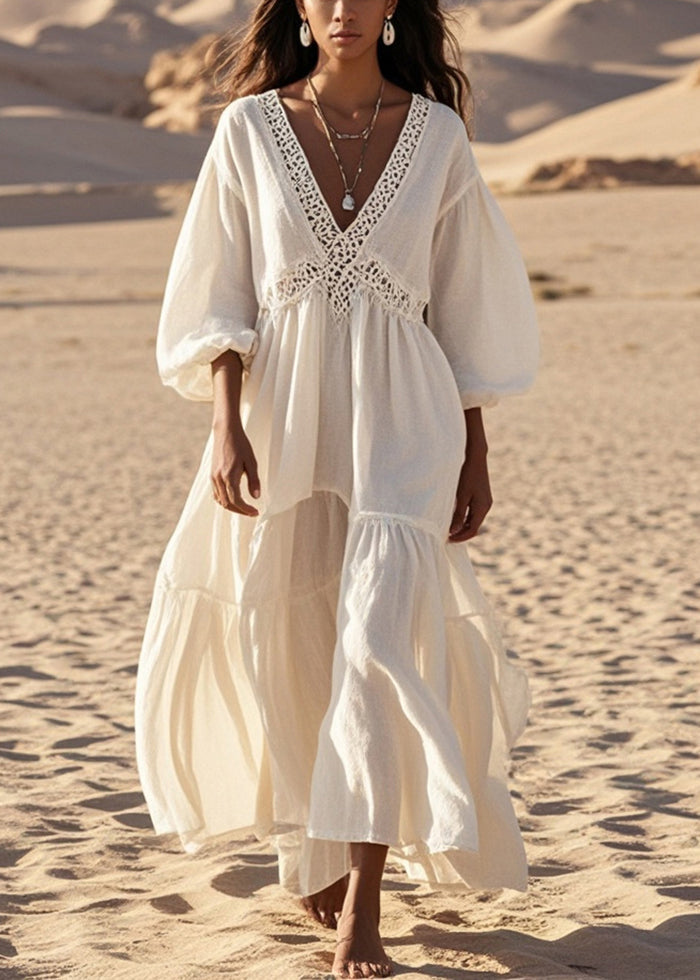 White V Neck Patchwork Hollow Out Cotton Dress Lantern Sleeve Summer