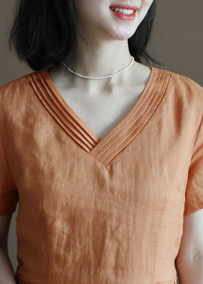 Orange V Neck Wrinkled Linen Cinch Dress Short Sleeve